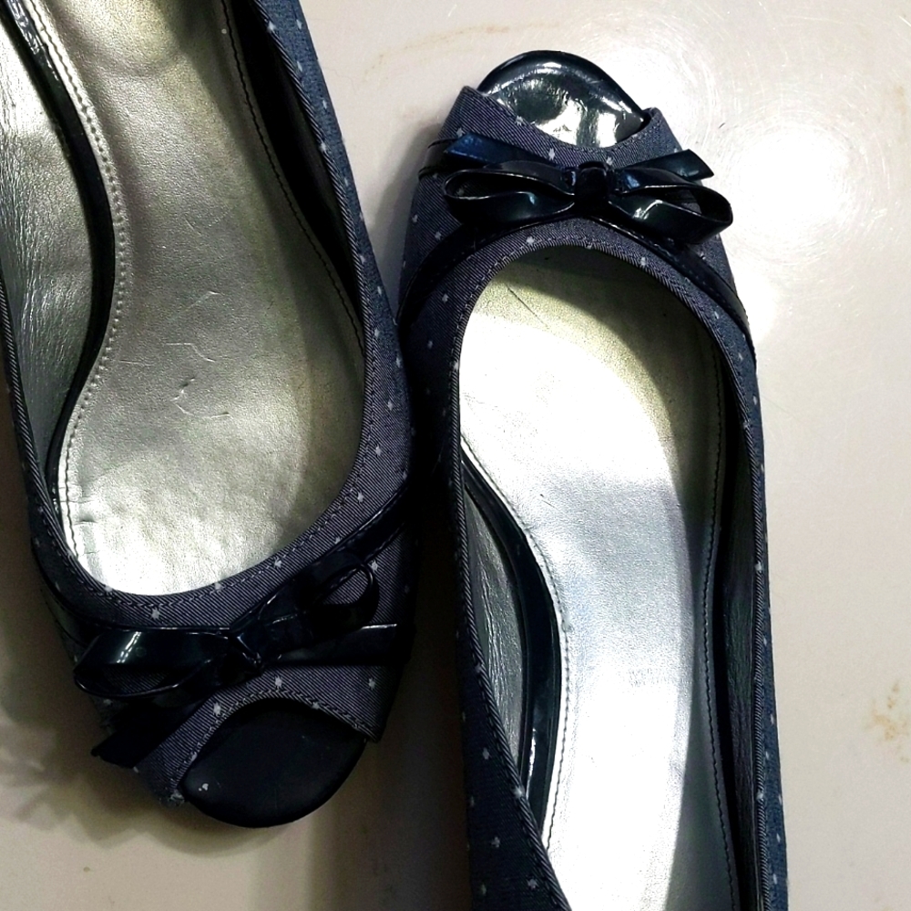 Blue/white polka dot peep toe wedges.